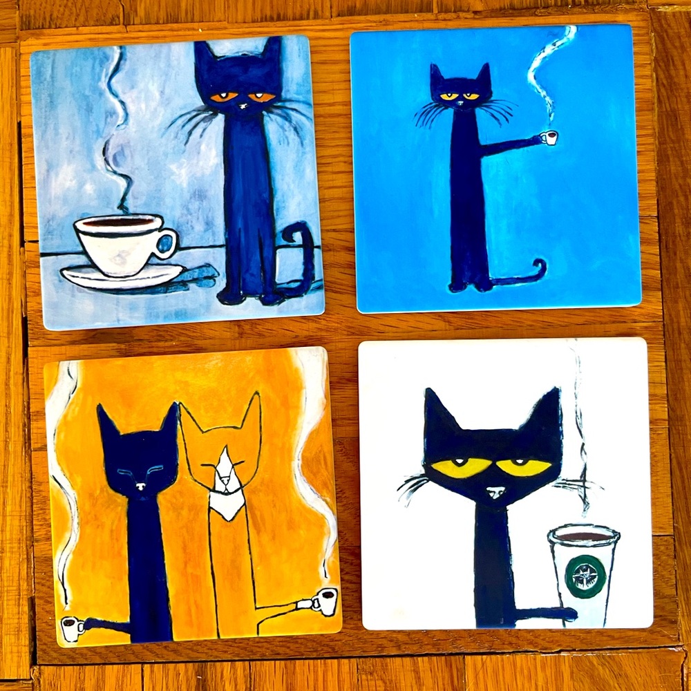 Cat coasters, set of 4, porcelain, cork bottoms